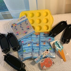 Baby Shark Party 16 Pc Set Tablecloths Baby Shark decor hot dog holders & more